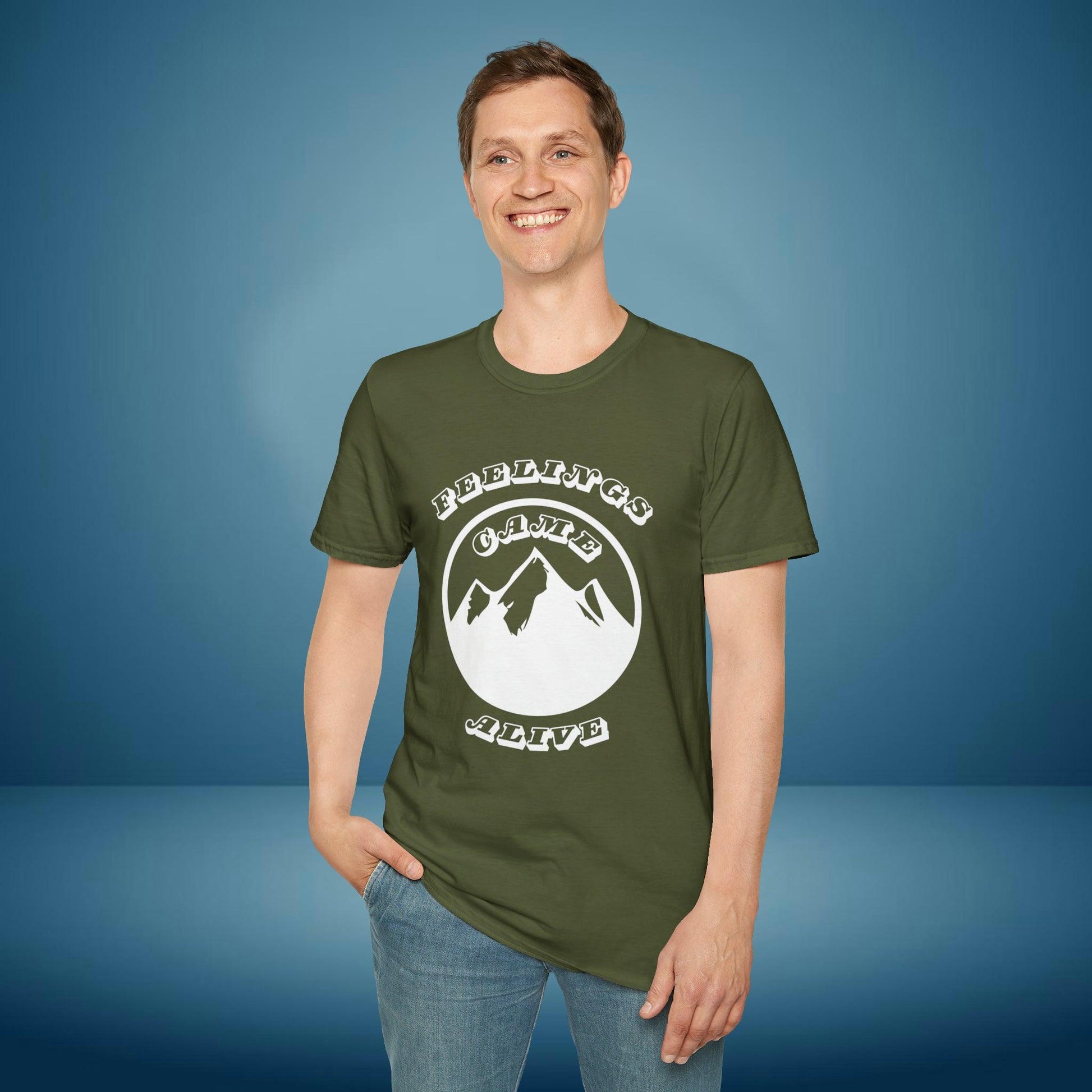 Mountain "Fellings came alive" motivation, Unisex Softstyle T-Shirt - PrintHub Horizon