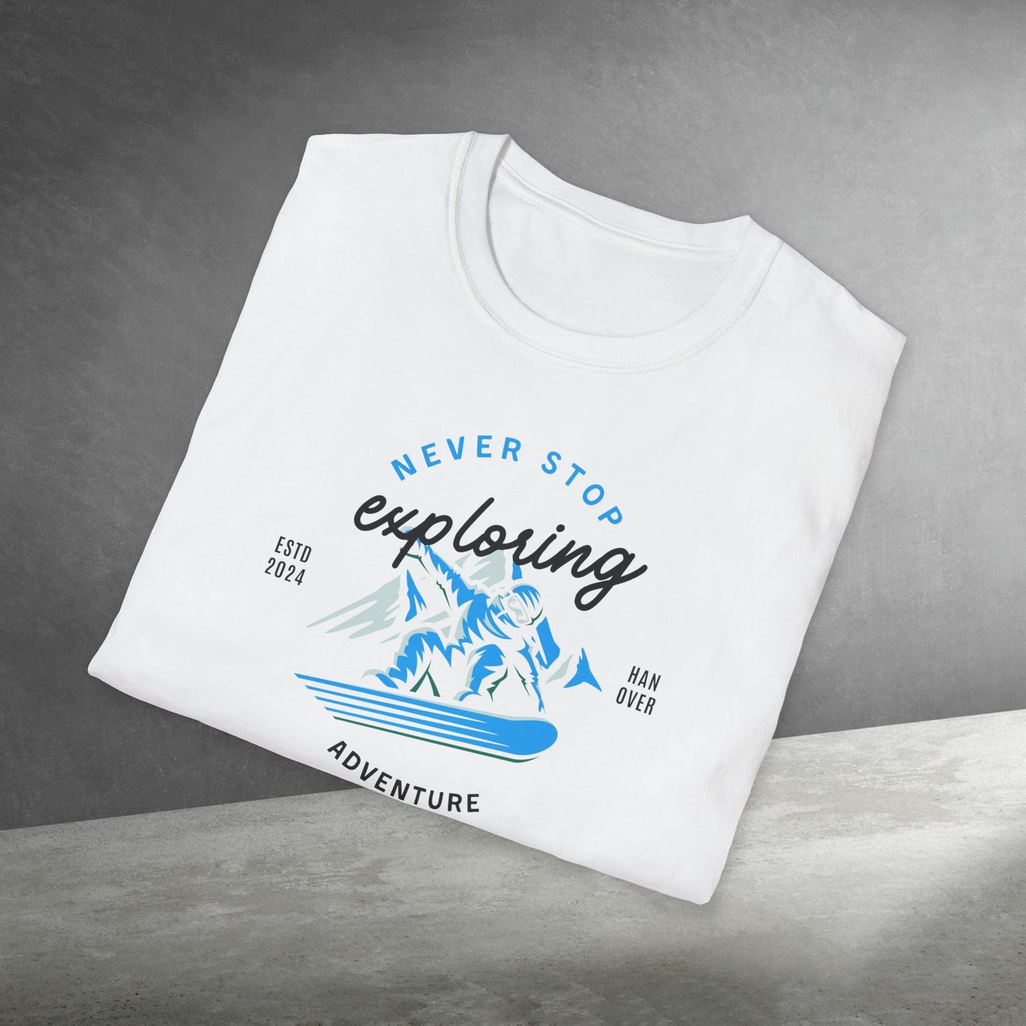 Mountain Snowboarding, "Exploring", Unisex Softstyle T-Shirt - PrintHub Horizon