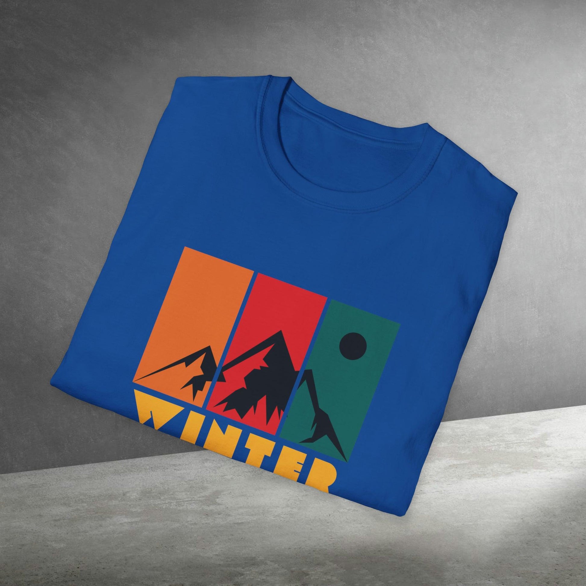 Mountain Winter, Retro Design, Unisex Softstyle T-Shirt - PrintHub Horizon