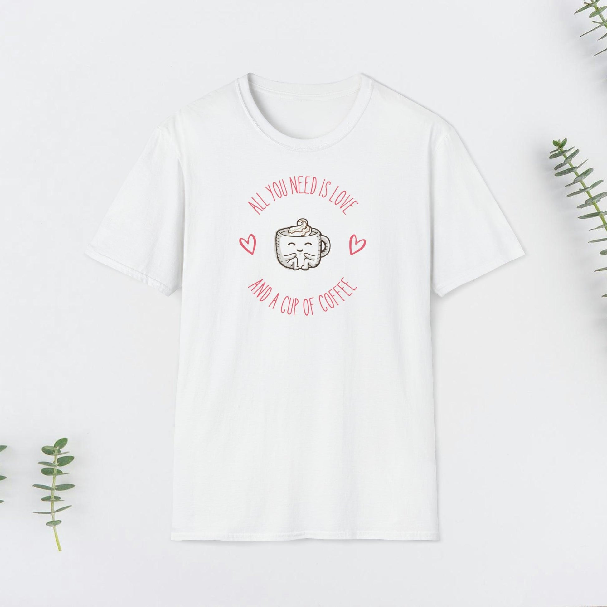 All you need is love and a cup of coffee Design Valentine Unisex Softstyle T-Shirt - PrintHub Horizon