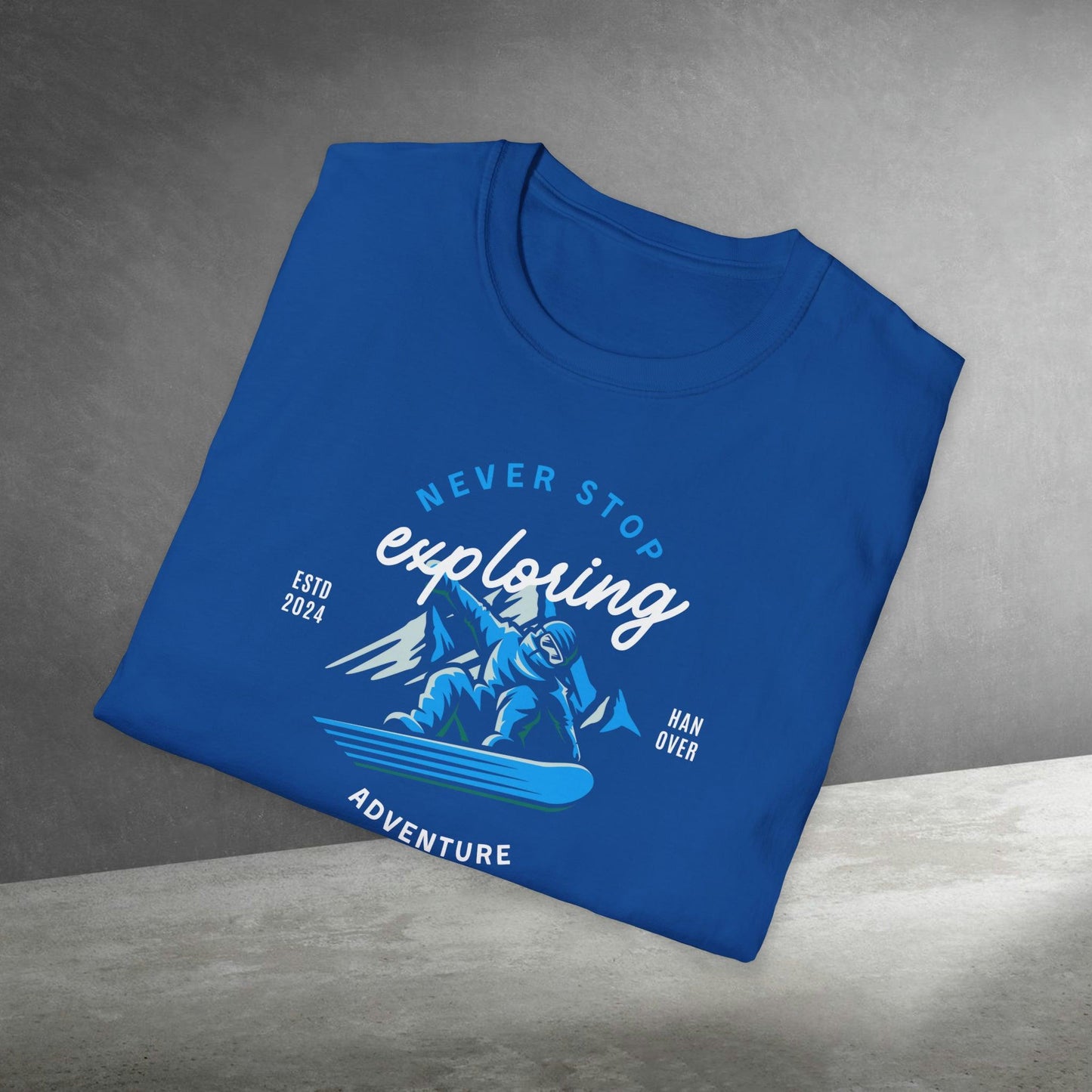 Mountain Snowboarding, "Exploring", Unisex Softstyle T-Shirt - PrintHub Horizon