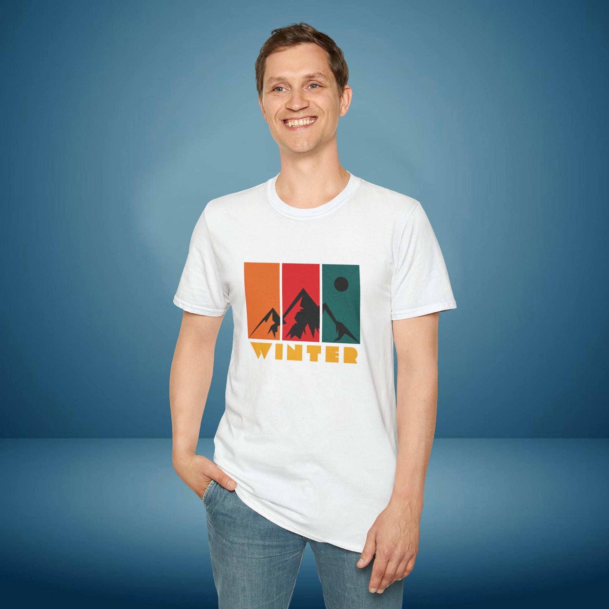 Mountain Winter, Retro Design, Unisex Softstyle T-Shirt - PrintHub Horizon