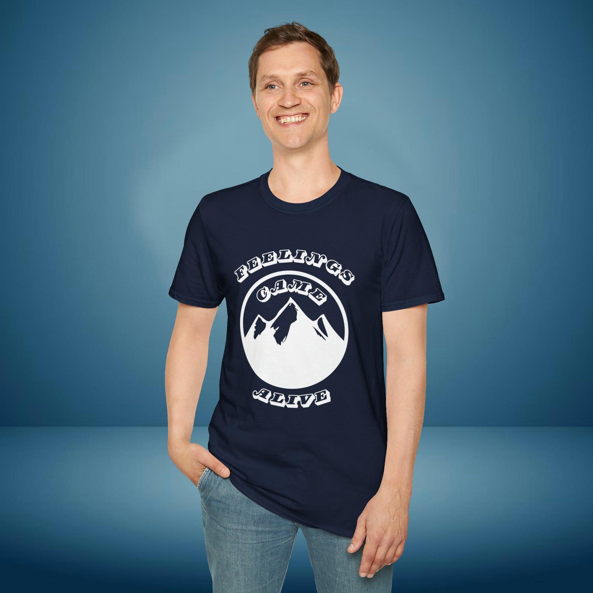 Mountain "Fellings came alive" motivation, Unisex Softstyle T-Shirt - PrintHub Horizon