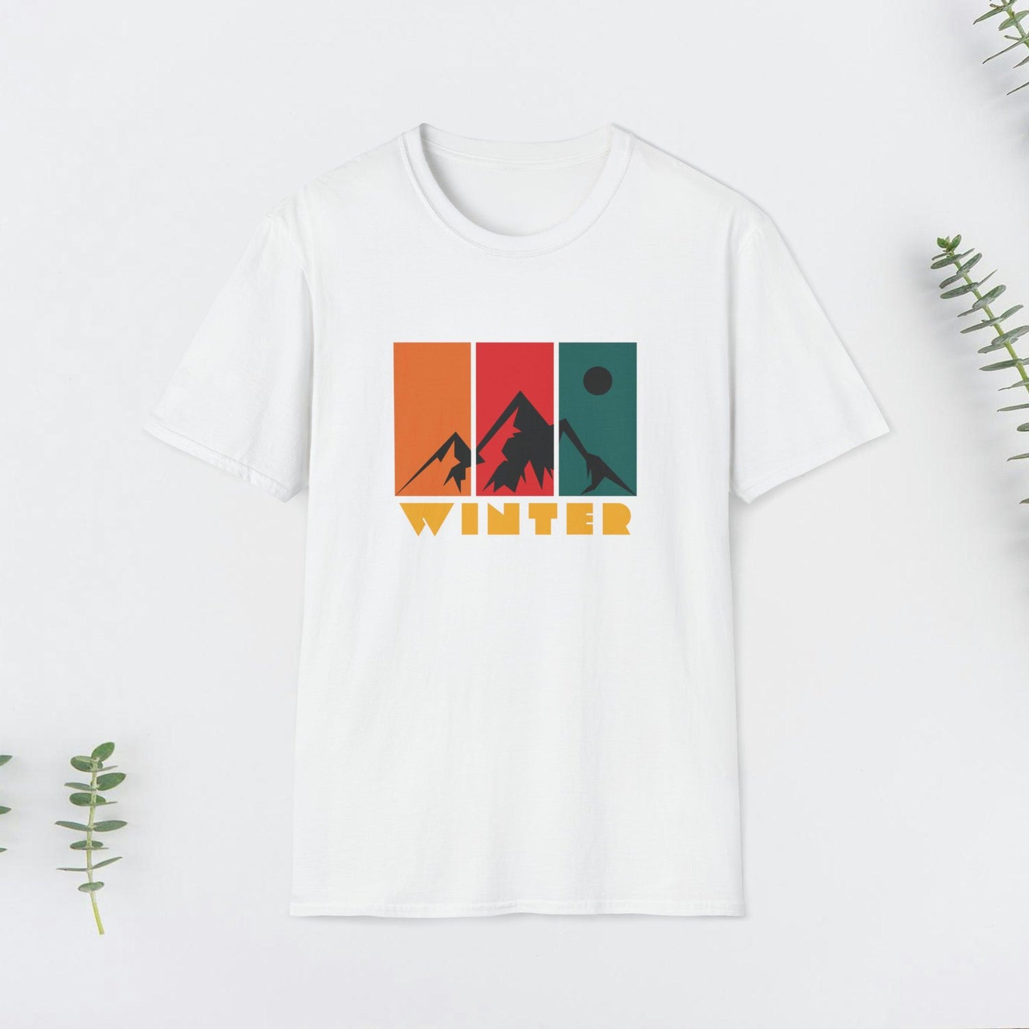 Mountain Winter, Retro Design, Unisex Softstyle T-Shirt - PrintHub Horizon