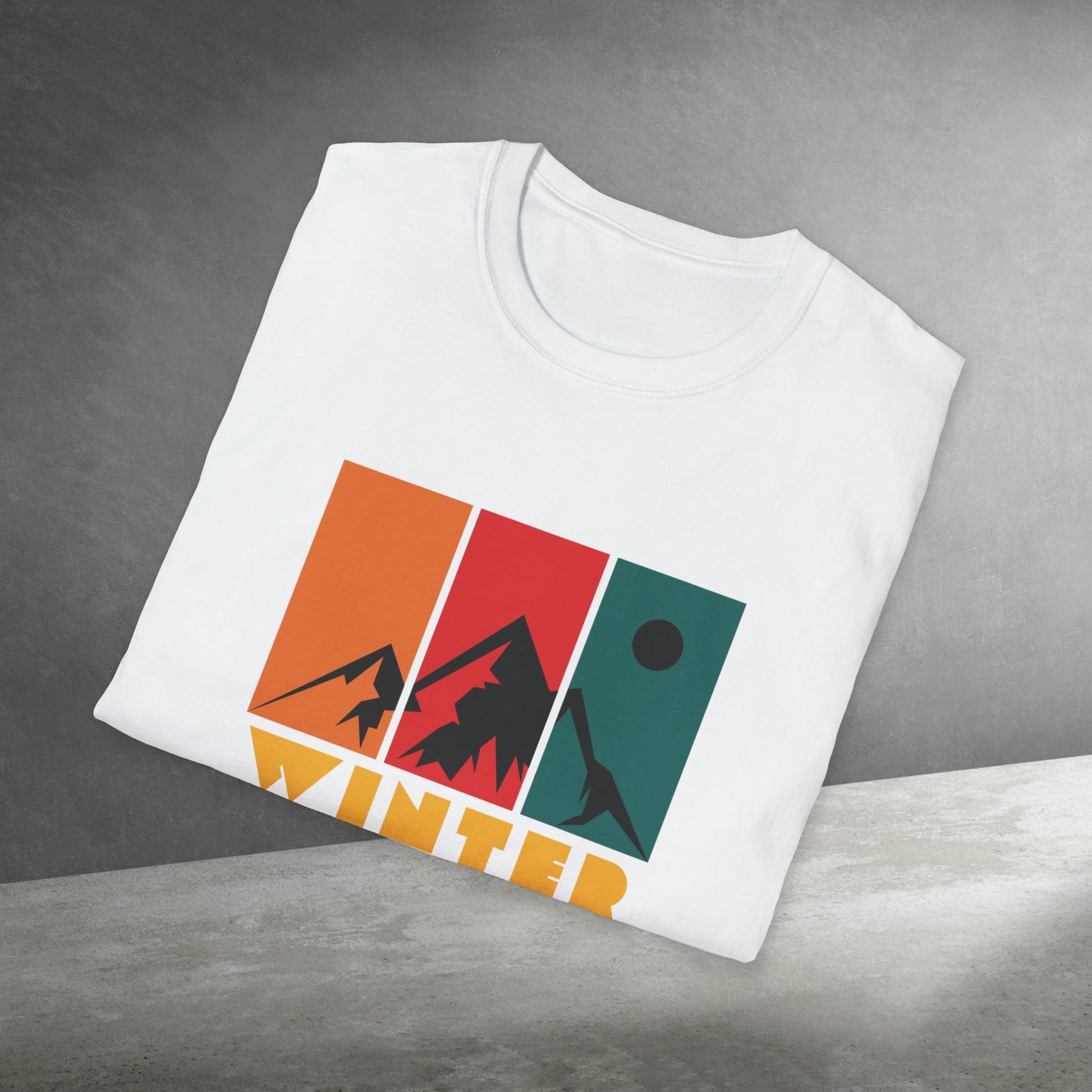 Mountain Winter, Retro Design, Unisex Softstyle T-Shirt - PrintHub Horizon