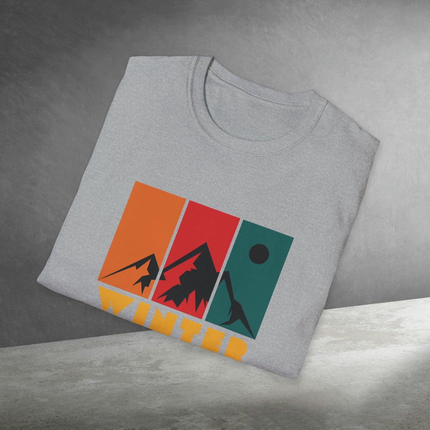 Mountain Winter, Retro Design, Unisex Softstyle T-Shirt - PrintHub Horizon