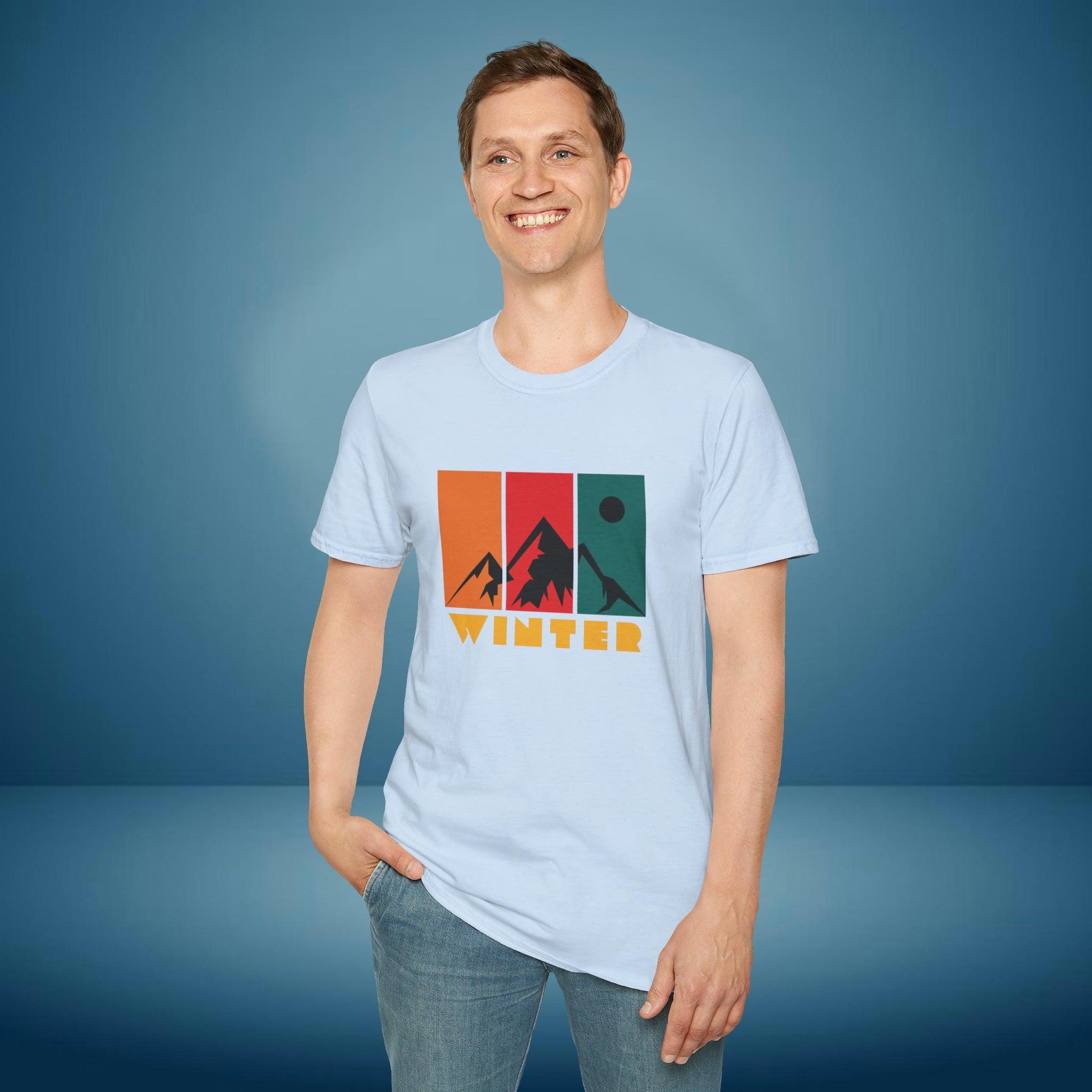 Mountain Winter, Retro Design, Unisex Softstyle T-Shirt - PrintHub Horizon