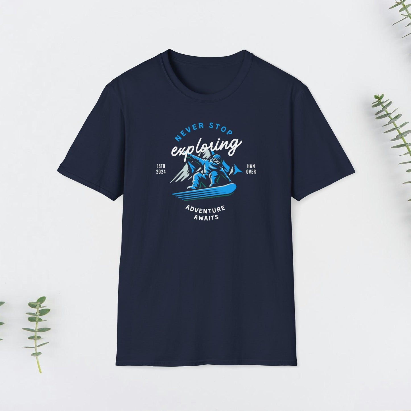 Mountain Snowboarding, "Exploring", Unisex Softstyle T-Shirt - PrintHub Horizon