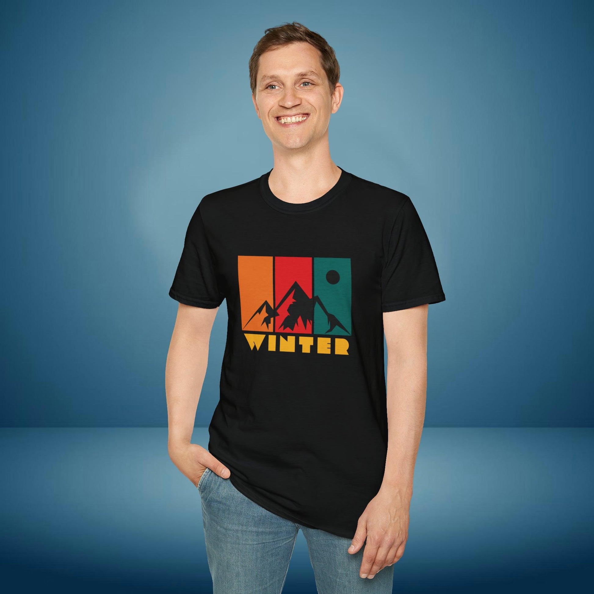 Mountain Winter, Retro Design, Unisex Softstyle T-Shirt - PrintHub Horizon