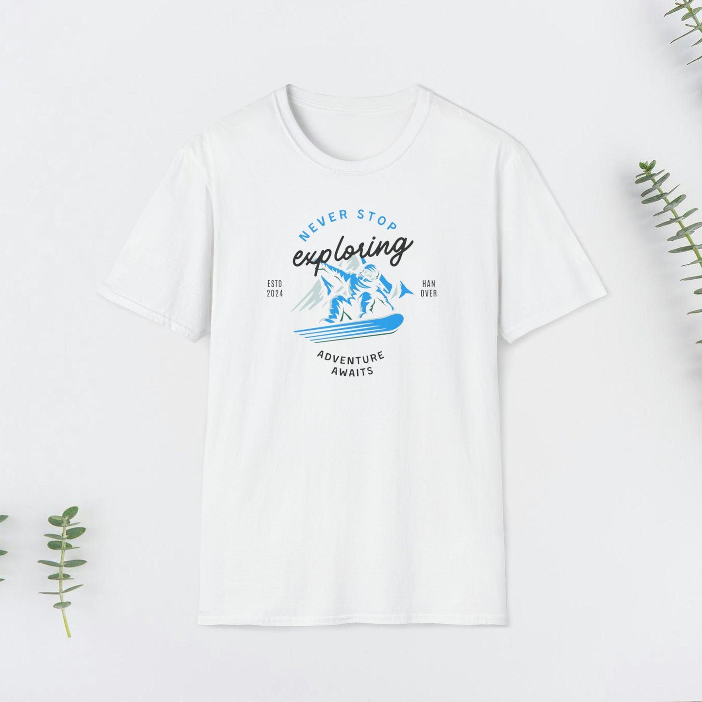 Mountain Snowboarding, "Exploring", Unisex Softstyle T-Shirt - PrintHub Horizon