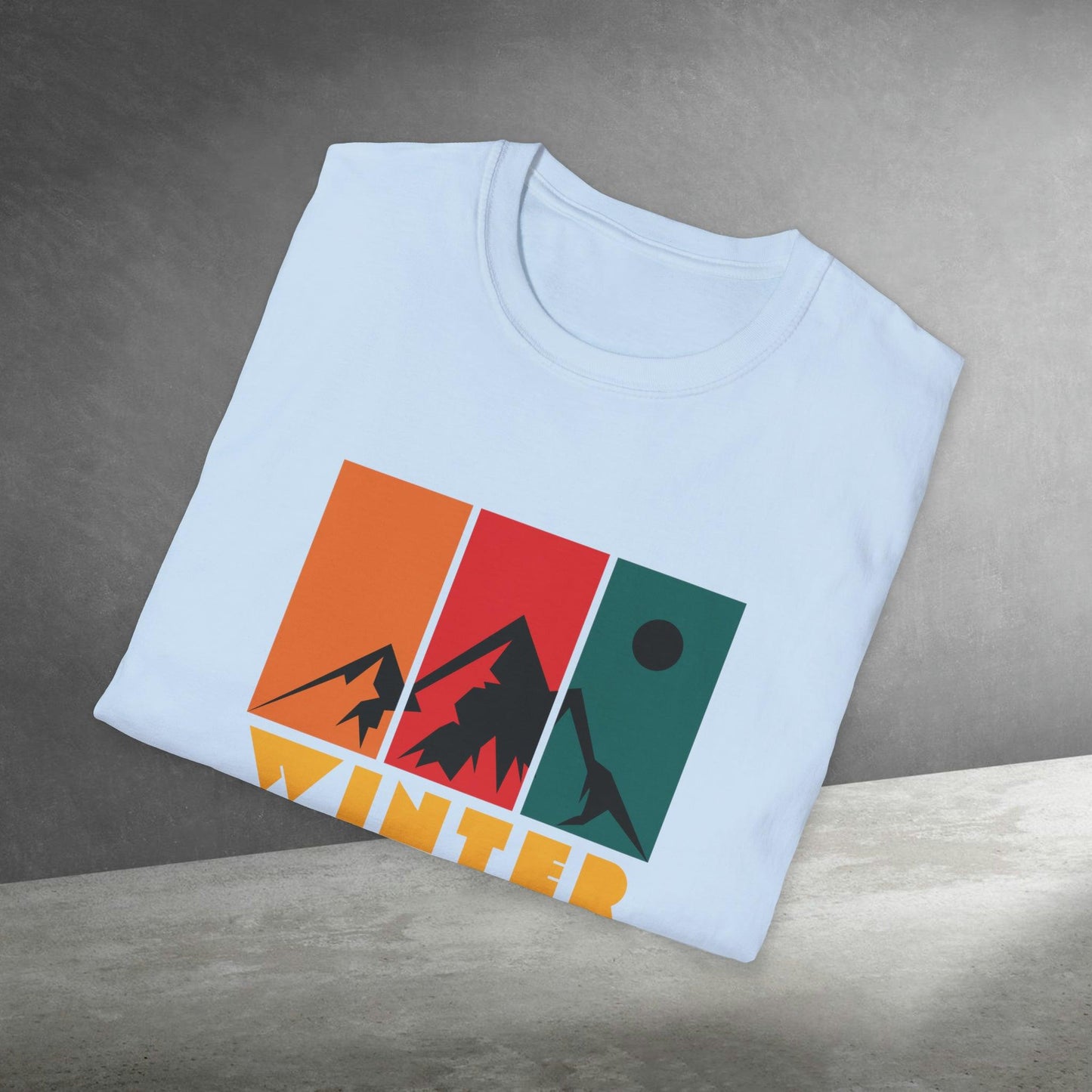 Mountain Winter, Retro Design, Unisex Softstyle T-Shirt - PrintHub Horizon