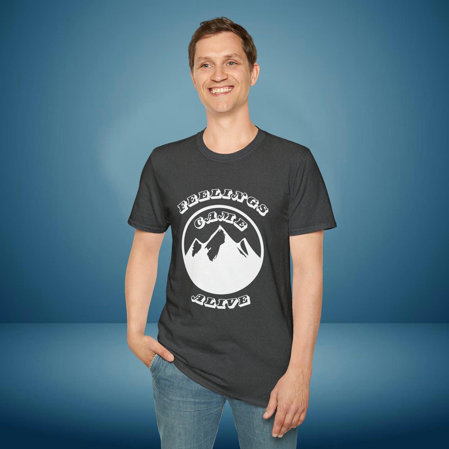 Mountain "Fellings came alive" motivation, Unisex Softstyle T-Shirt - PrintHub Horizon