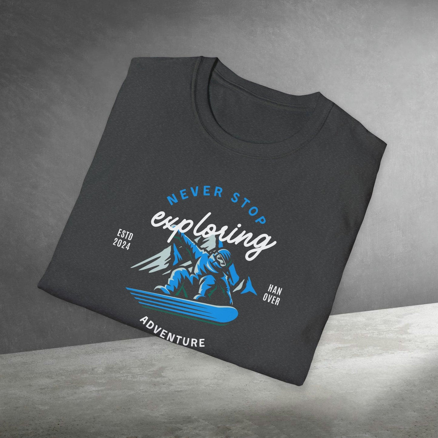 Mountain Snowboarding, "Exploring", Unisex Softstyle T-Shirt - PrintHub Horizon