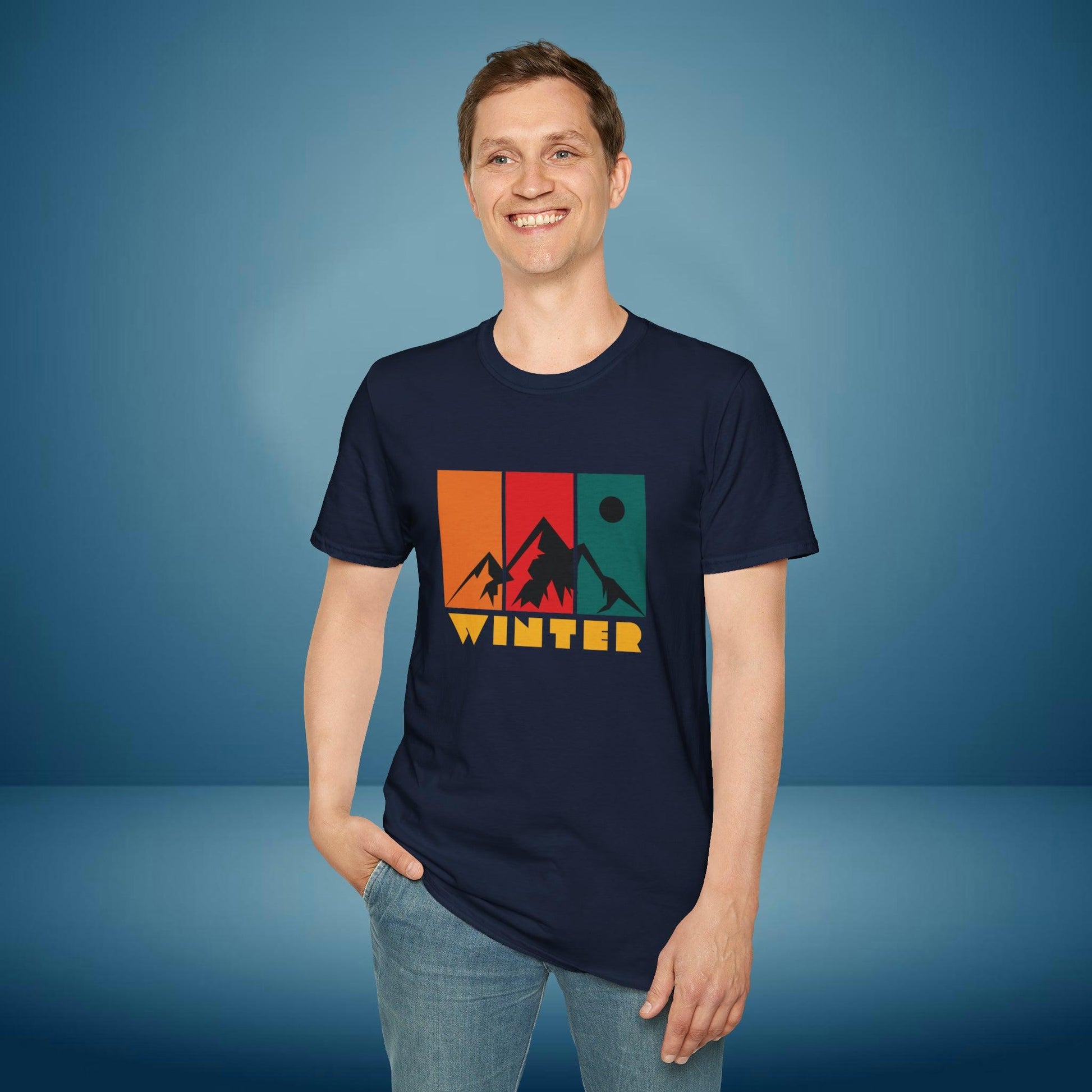 Mountain Winter, Retro Design, Unisex Softstyle T-Shirt - PrintHub Horizon