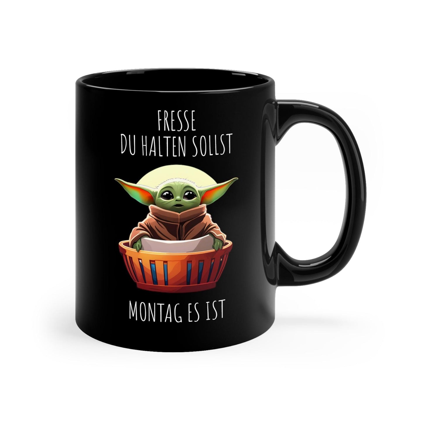 Baby - Yoda Kaffeetasse 'Arbeit Fresse Halten Du Sollst – Montag' ☕️ – Lustiger Büro - Kaffeebecher, Schwarz, Geschenkidee - Mug | Jetzt bestellen bei PrintHub Horizon